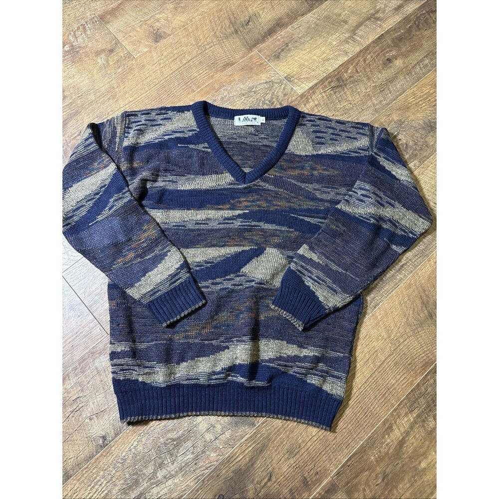 Vintage Lavane NY Sweater L Blue Beige Abstract 3D Knit V Neck Grandpa 90s Y2K